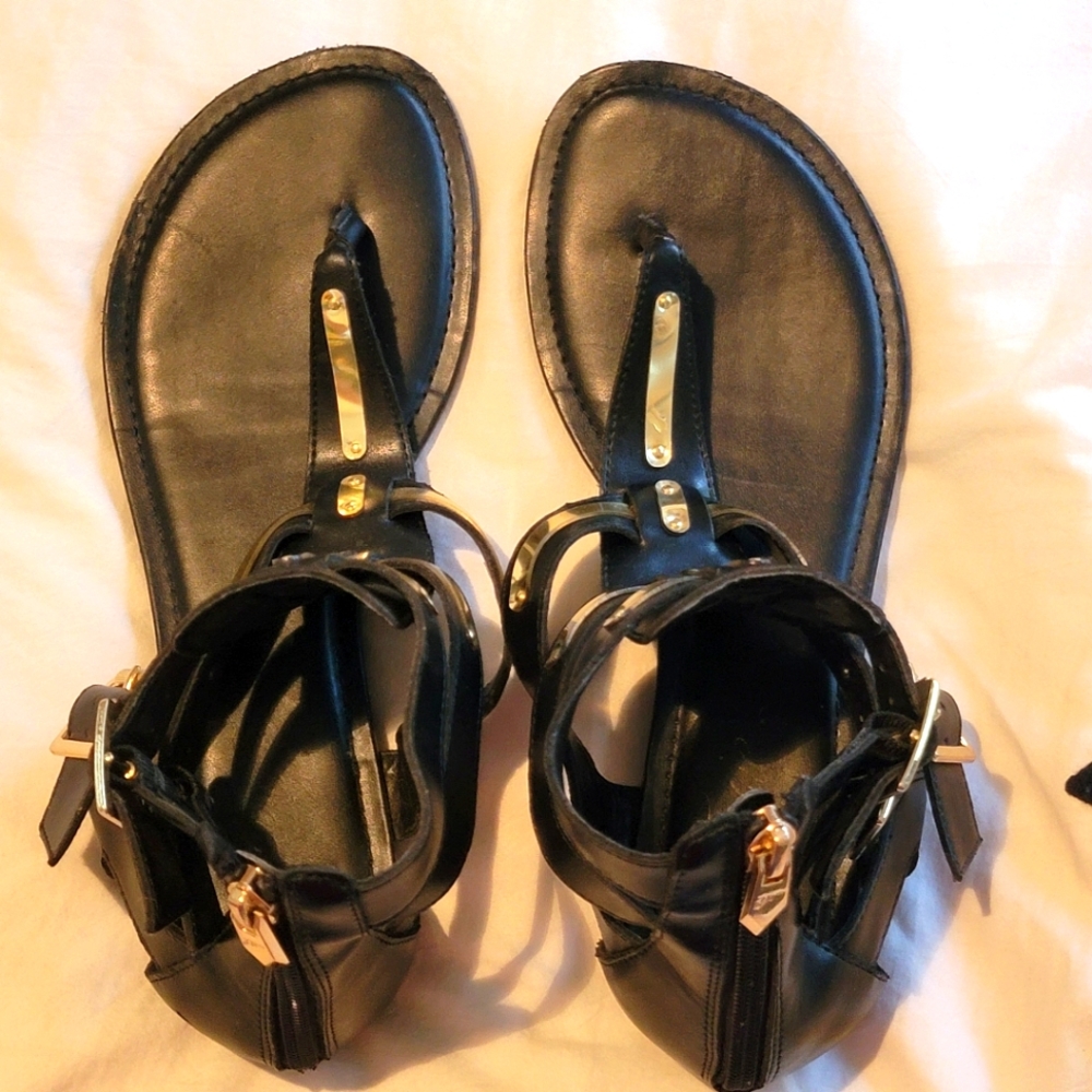 Fergie Black & Gold Gladiator Buckle/Zip Sandals
